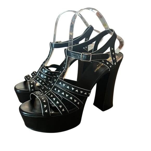 Saint Laurent Shoes - Saint Laurent Black Leather Platform Heel Sandal Silver Hearts EU 40.5 US 10.5
